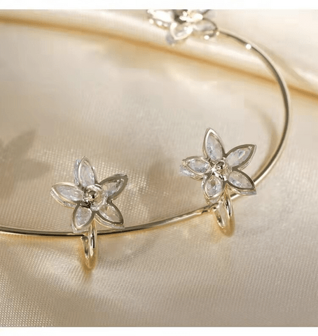 3 main silver plated crystal flower ear clips without piercing for women sparkling zircon ear cuff clip earrings wedding jewelry